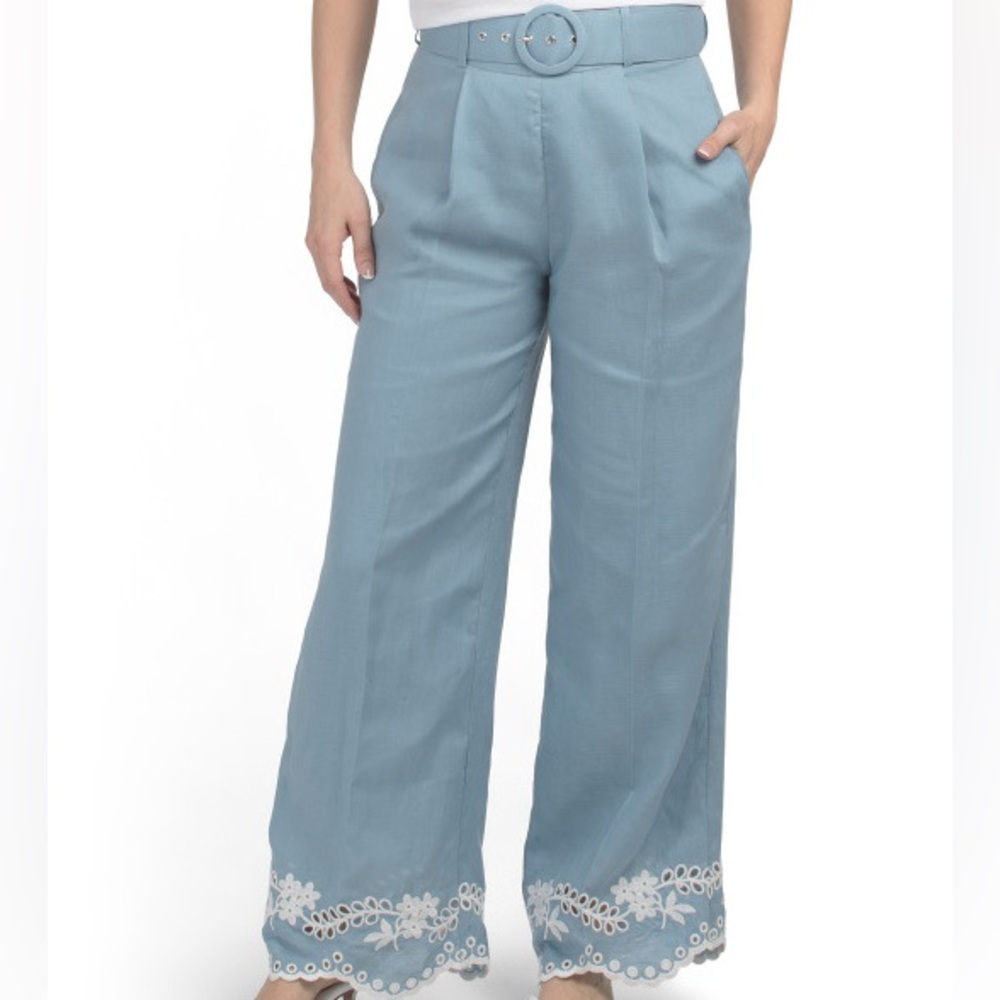 ELIE TAHARI
Linen Blend Side Zip Wide Leg Embroidered Pants With Buckle Belt